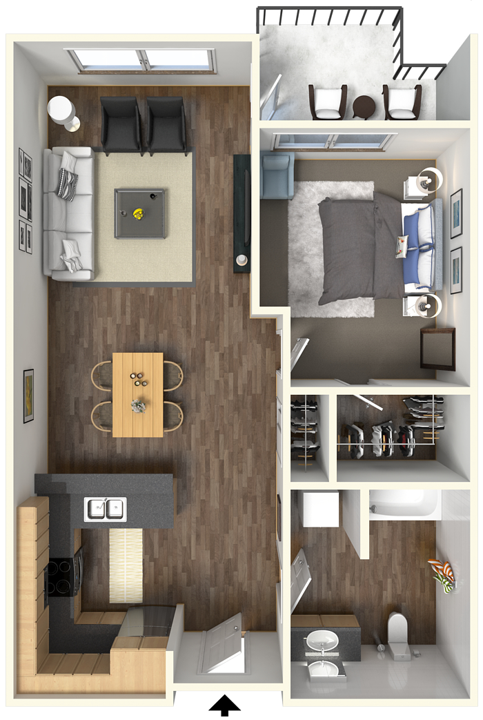 Floor plan for 1 bed, 1 bath, 814 sqft